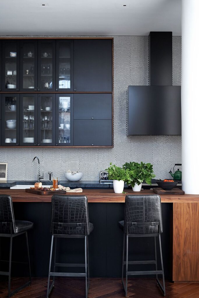 Contemporary kitchen with penny round tile